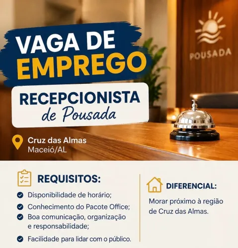 Vaga recepcionista pousada Cruz das Almas