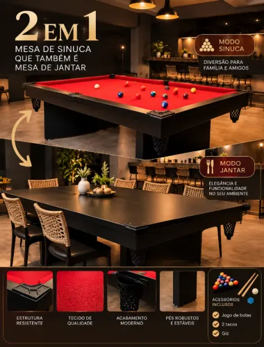 MESA DE SINUCA 2 EM 1 - SINUCA + MESA DE JANTAR
