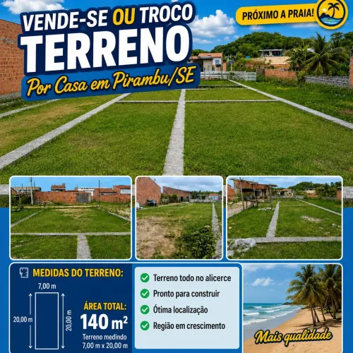 Vendo ou troco TERRENO, em Pirambu/SE localizado no Loteamento Praia do Sol!