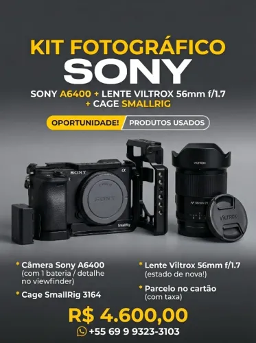 Kit Sony A6400 4K + Lente Viltrox 56mm f/1.7 + Cage SmallRig 3164