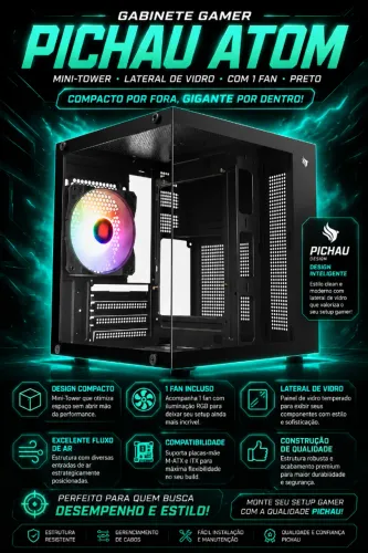 Gabinete Gamer Pichau Atom Mini-Tower Lateral de Vidro Com 1 Fan Preto (NOVO/LACRADO!)