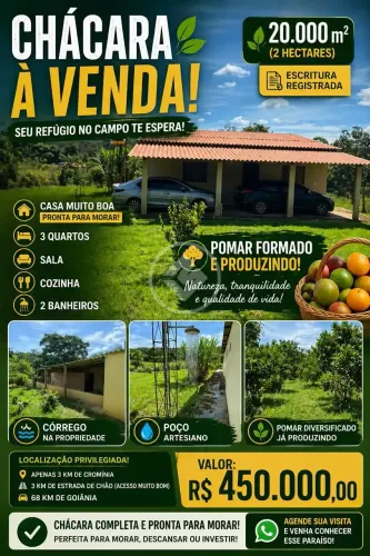 Chácara à venda em Cromínia GO com 20.000 m², casa pronta e córrego codigo: 340611