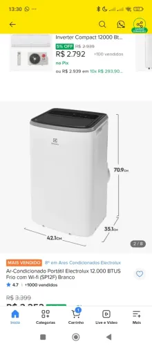 Ar Portátil Electrolux 12.000 BTUs Frio SP12F com Wi-fi - Gelando