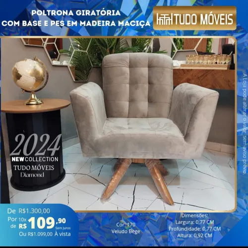 Poltrona giratória com pés e base madeira maciça