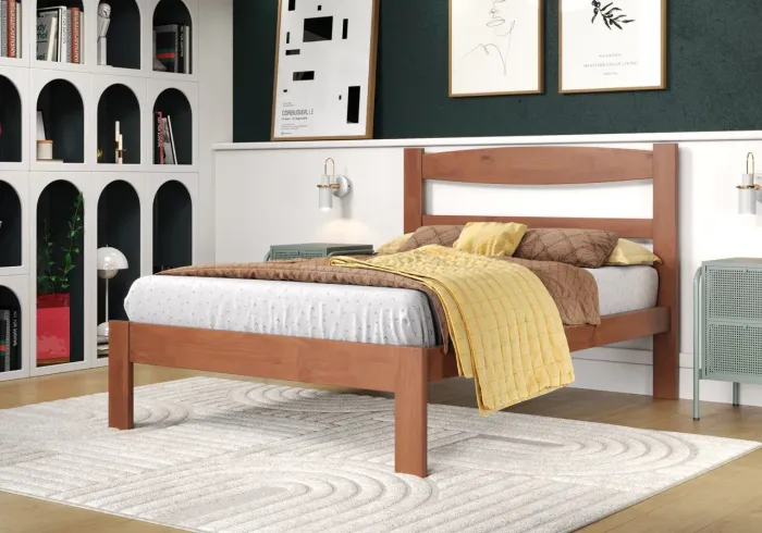Cama de Casal Reta de Madeira 100% Pinus Sustentável - Nogal<br>