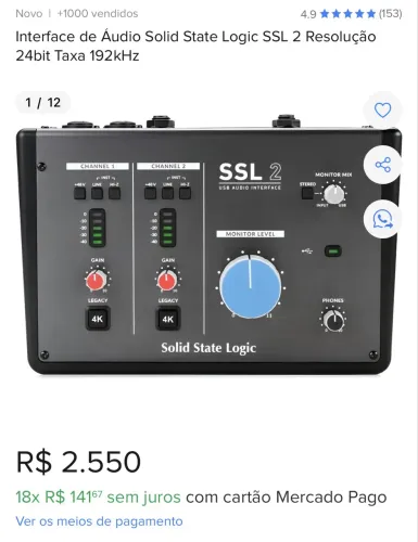 Interface de audio SSL 2 praticamente Nova
