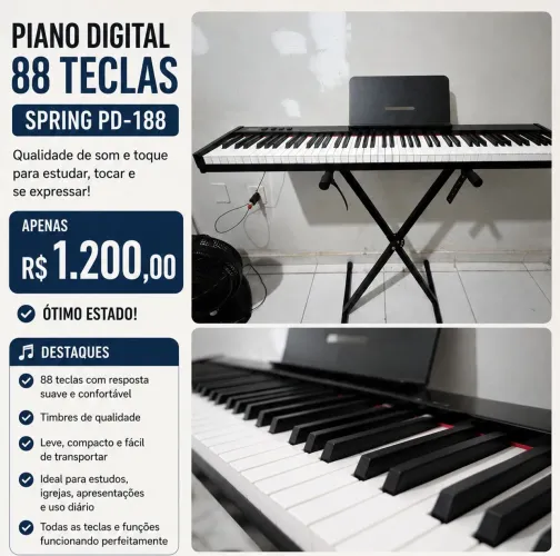 Piano Digital 88 Teclas Spring Pd-188 C/ Bag Fonte e Pedal