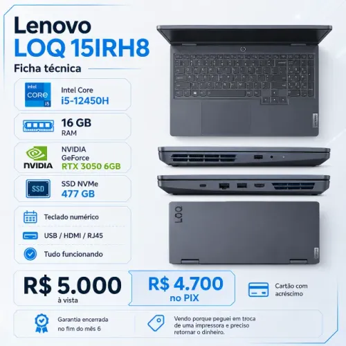 Notebook Gamer Lenovo LOQ 15IRH8 ? RTX 3050 6 GB