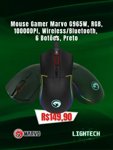 Mouse Gamer Marvo G965W, RGB, 8000DPI, Wireless/Bluetooth, 6 Botões, Preto