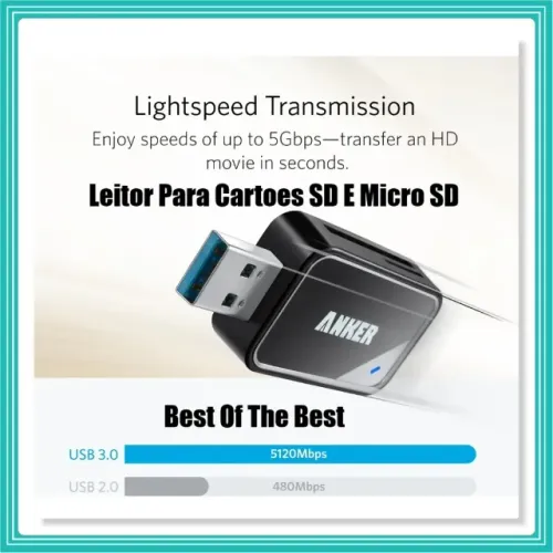 Leitor De Cartão Sd Anker 2 Em 1 Usb 3.0 Sdxc Sdhc Sd Mmc