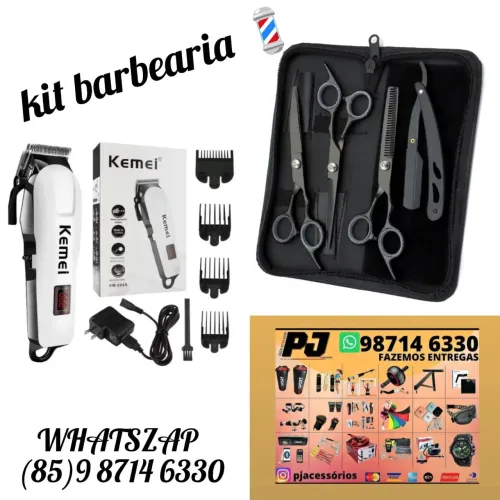 Máquina kemei profissional corta cabelo e kit tesouras. Entrega grátis