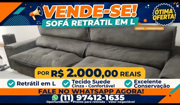 SOFÁ RETRÁTIL EM L CINZA - GRANDE, LINDO E CONFORTÁVEL!