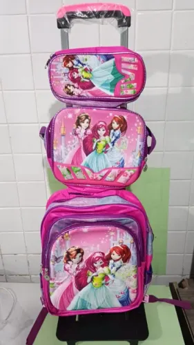 Kit 4 Peças Mochila Escolar Infantil de Rodinhas 3d Relevo Resistente Impermeável z871
