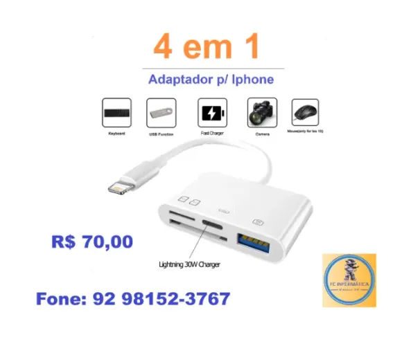 Leitor de cartão 4 em 1 p/ Iphone, Ipad (1 sd, 1 micro sd, 1 usb 3.0, 1 PD 30w) Lightning