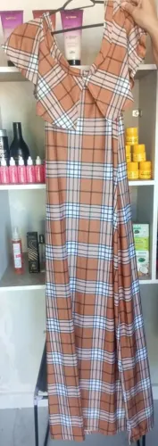 Vestido Longo Xadrez Marrom com Fenda