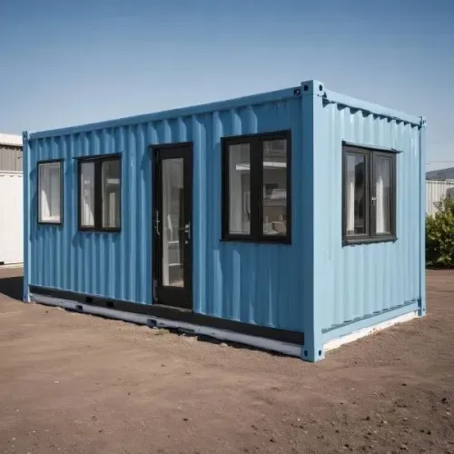 Kitinete container com design de janelas e porta adaptada.