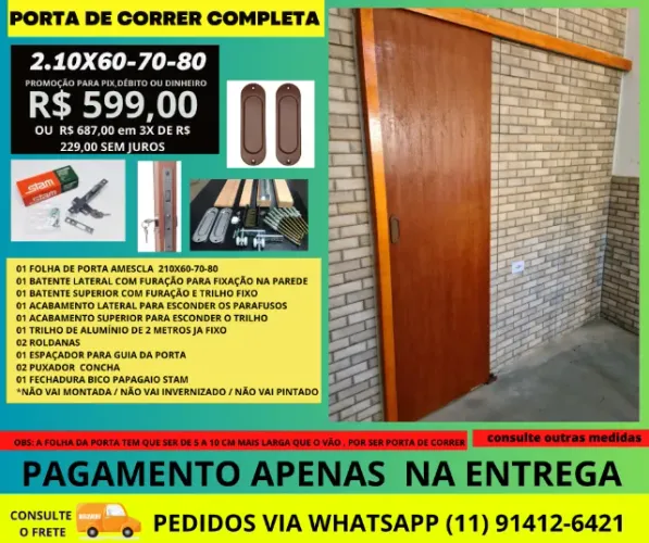 Kit de correr folha de Porta 2.10x80 Amescla para economizar espaço cod p69