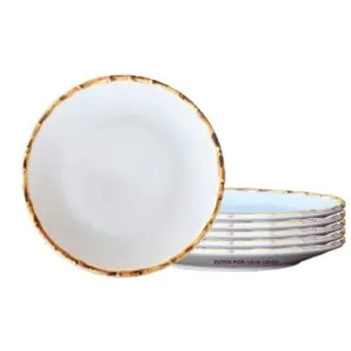  Conjunto prato fundo com 6 peças, branco com borda  de bambu