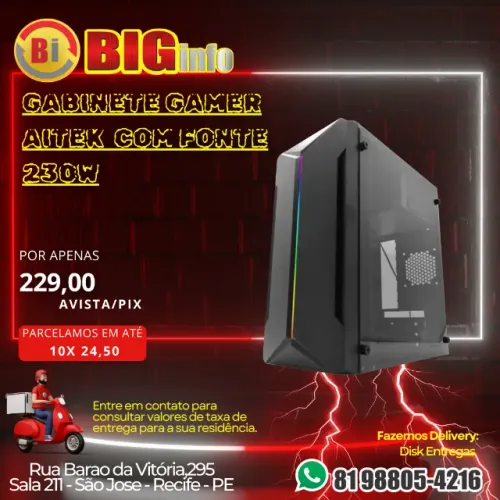 Gabinete Gamer com Fonte ATX 230W Lateral em Acrílico