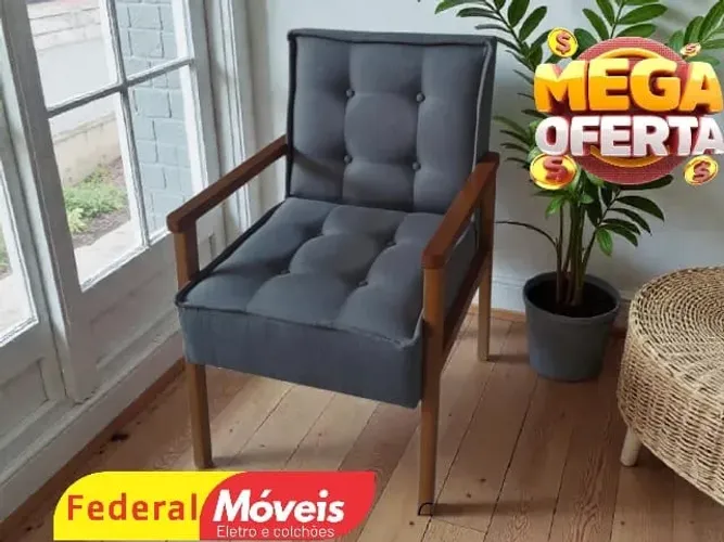 Poltrona Em Linho Bege e Cinza Detalhes madeira MEGA OFERTA