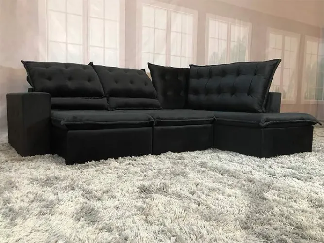 Sofá Canto Retrátil Reclinável Preto 504 Barbara a6544