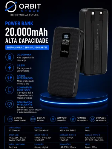 ? Power Bank 20.000mAh 22,5W | Carregamento Rápido | Cabos Integrados | Novo