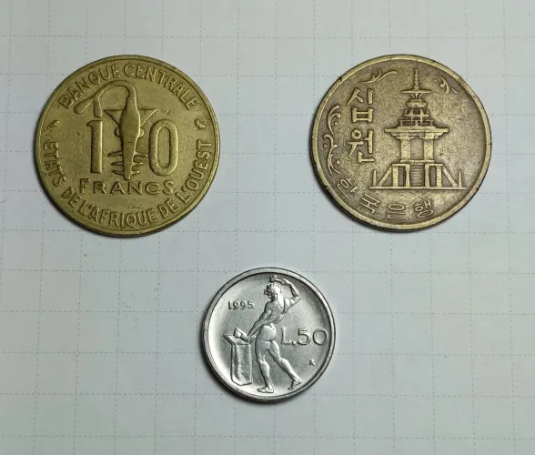 Trio de moedas Korea 1971 , África Ocidental 1971, Itália 1995