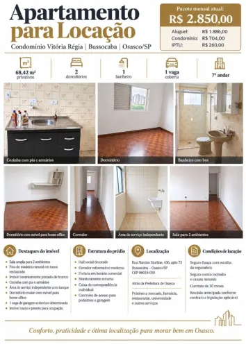 Apartamento de 68 m² para locação em Bussocaba - 2 dormitórios, 1 vaga coberta, andar alto
