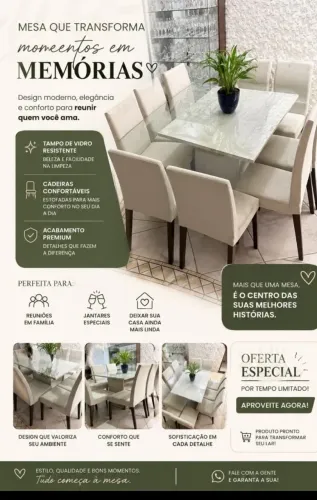 Mesa 8 lugares, tampo de vidro 6mm