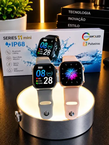 Smartwatch ip68 séries mini Amoled 2 pulseiras acompanha fonte carregadora a prova de agua