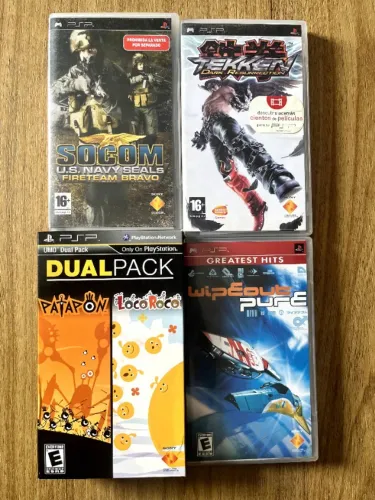 Lote 5 jogos originais PSP: Tekken, SOCOM, WipEout, Patapon + LocoRoco