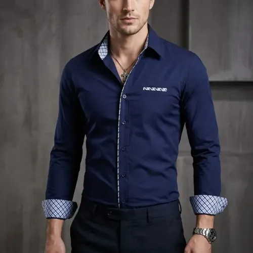Camisa Social Masculina Slim Fit Azul Marinho com Detalhes Xadrez - Sofisticação, Estilo