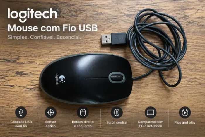 Mouse Logitech com Fio USB - Preto