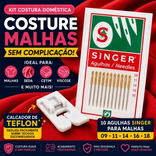 Kit Costurar Malha Calcador +10 Agulhas Singer Ponta Bola Para Máquina Costura Doméstica