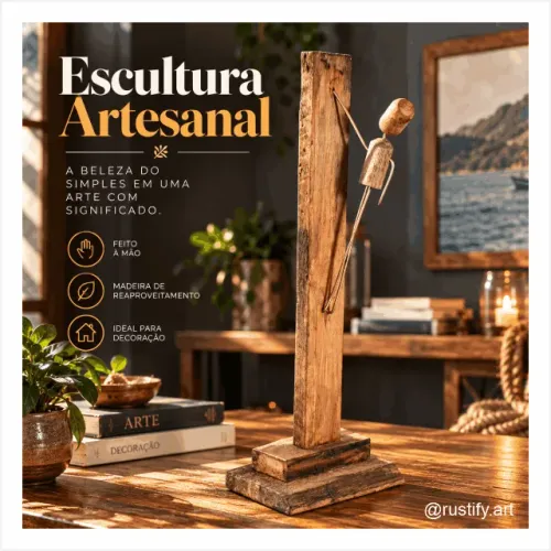 Escultura Artesanal em Madeira Reciclada - Arte Rústica Exclusiva para Decoração
