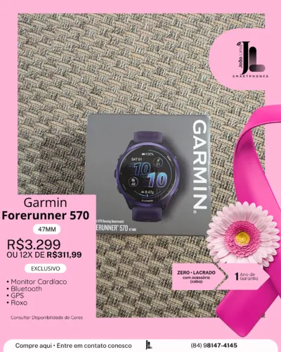 GARMIN FORERUNNER 570, 47MM, ROXO, LACRADO, EXCLUSIVO!
