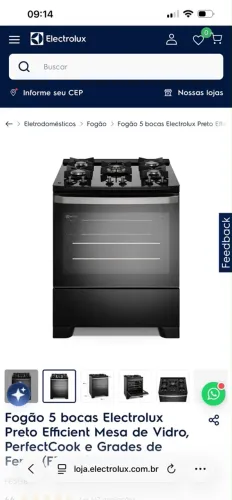 Fogão 5 bocas Preto Efficient Mesa de Vidro, PerfectCook e Grades de Ferro- Bivolt