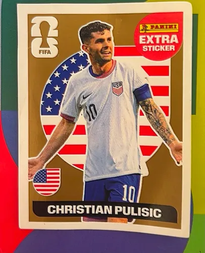 Figurinha é uma Panini Extra Sticker dourada do jogador Christian Pulisic