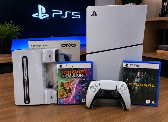 PS5 Slim em Perfeito Estado + 2 Jogos + Base Carregadora e Refrigeração