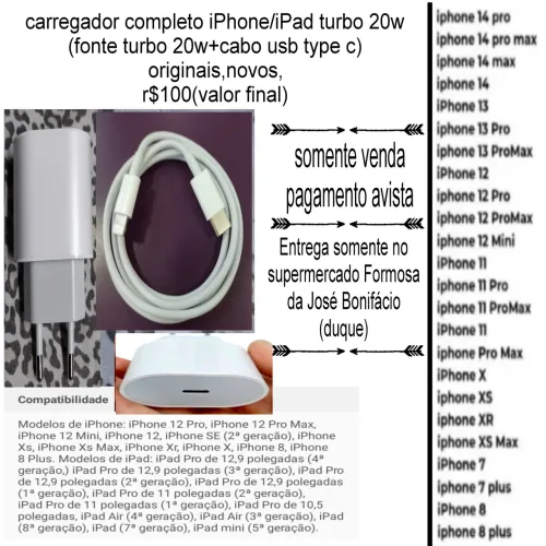 Carregador iPhone Lighting original Apple turbo 20w tipo c novo r$100
