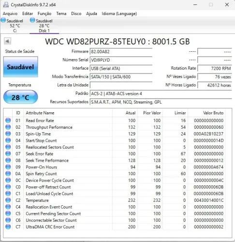 HD Western Digital Purple 8TB SATA 7200RPM - Saudável | Ideal para CFTV, NAS e Backup