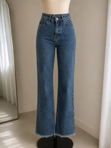 Calça Jeans Wide Leg Feminina com Barra Desfiada
