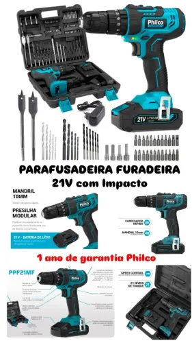 Parafusadeira Furadeira De Impacto 21V Sem Fio 3/8 10mm Philco Ppf21mf Maleta e 74 Peças