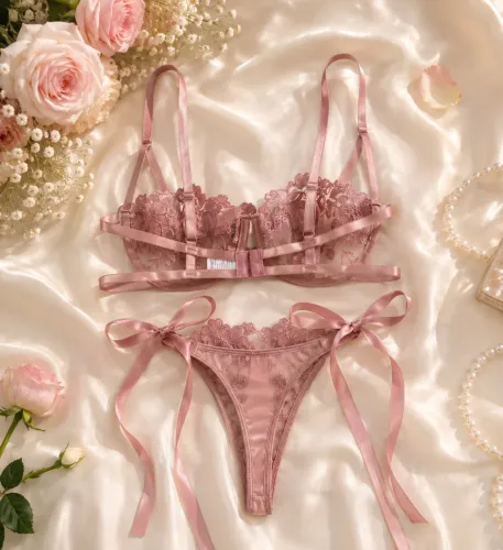 Conjunto de lingerie rosa com renda floral e detalhes em fita acetinada.