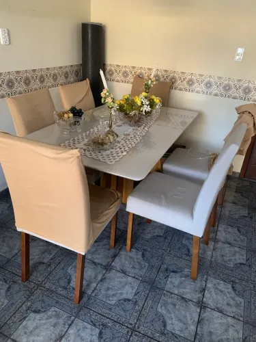 Lindo Conjunto de Mesa de Jantar (Tampo de Vidro Branco) + 6 Cadeiras Estofadas
