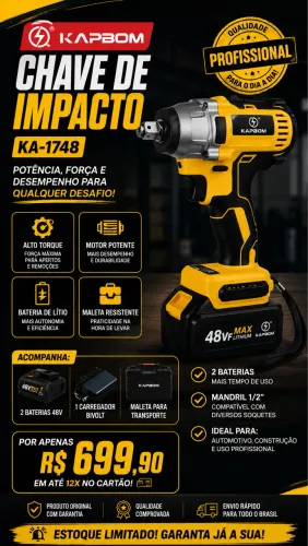 Chave de Impacto Kapbom KA-1748 48V Com 2 Baterias e Maleta