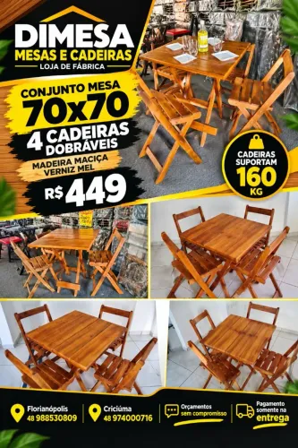 Conjunto envernizado mesa 70x70 com 4 cadeiras dobráveis madeira maciça
