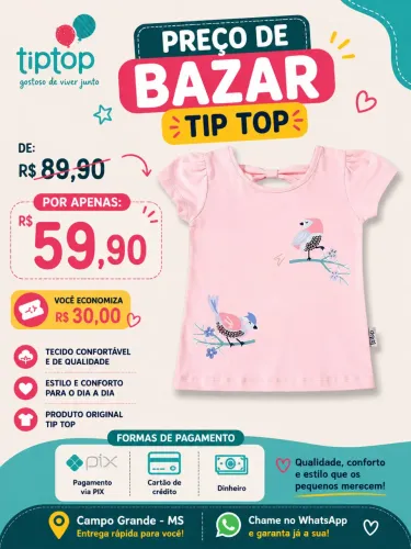 Blusa Manga Curta Kids Birds Meia Malha Tip Top