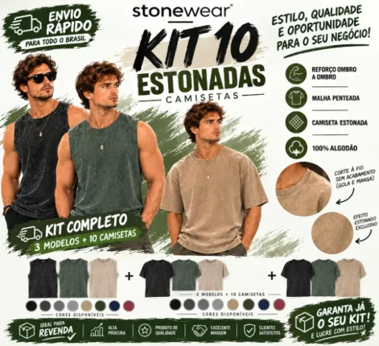 Kit 10 Camisetas Novas Estonadas Premium (Lavadas à Pedra) Revenda Atacado de Fábrica