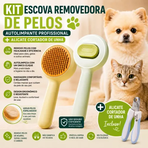 Kit Escova Pet Autolimpante + Alicate Cortador Unhas Cães Gatos